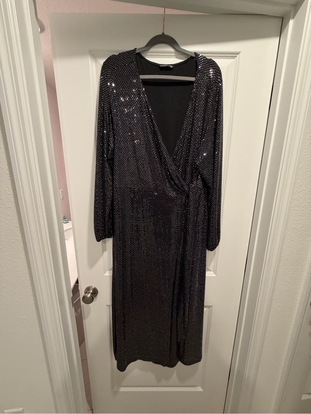 BloomChic Black Sequin Long Sleeve Wrap Midi Dress